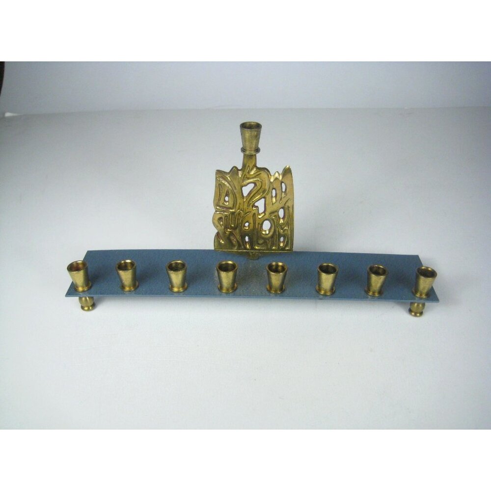 Rite Lite Brass Hanukkah Menorah Made In USA Blue Base Decorative Design